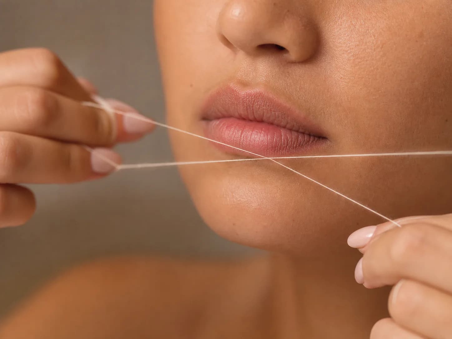 Depilação facial delicada com linha